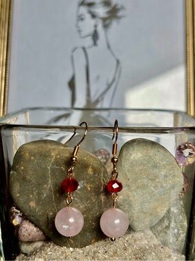 Gold-Tone Rose Quartz and Red Crystal Drop Earrings - Women Jewelry
